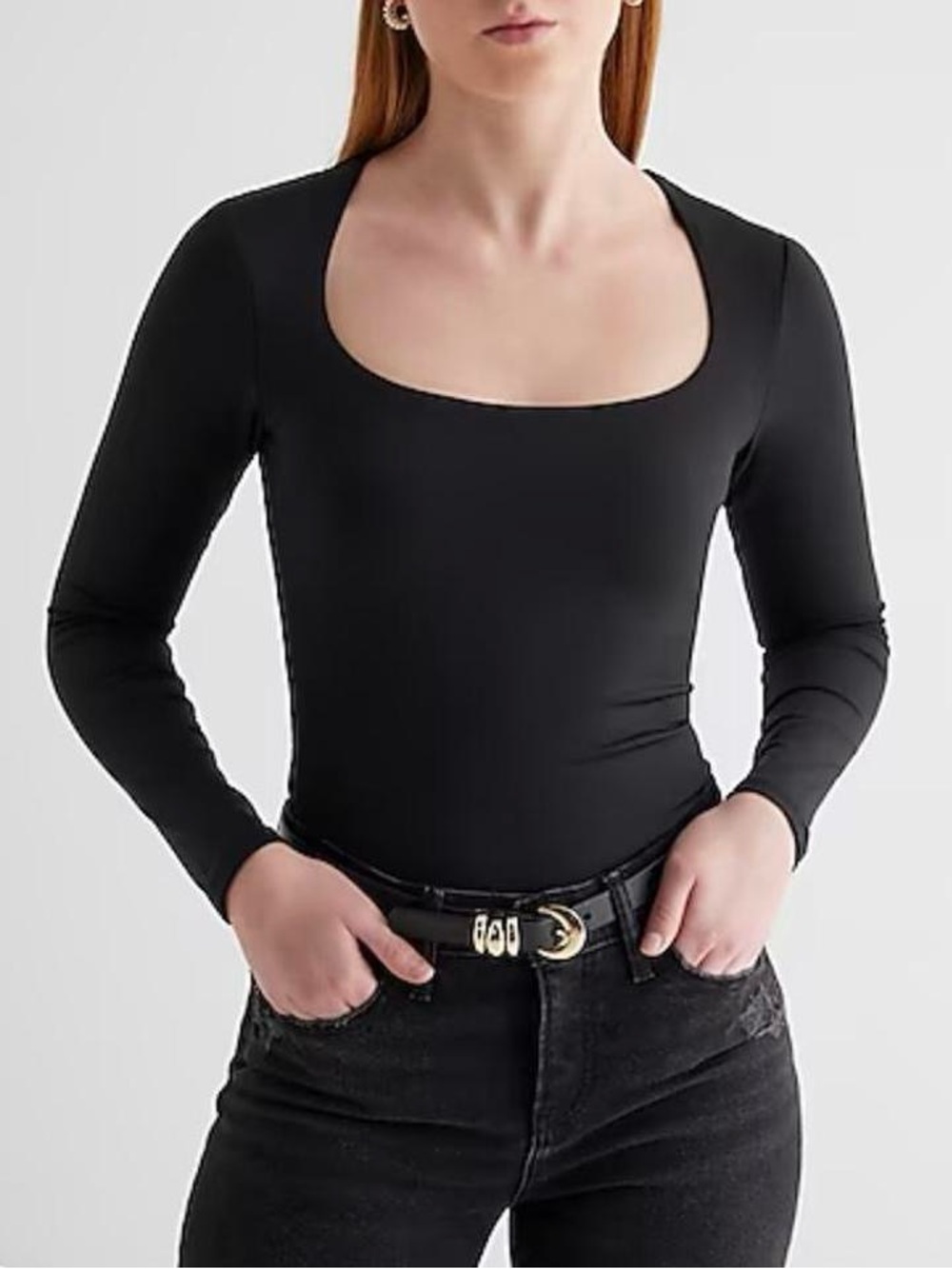 Express Classic Black Long-Sleeve Square Neck Top Bodysuit